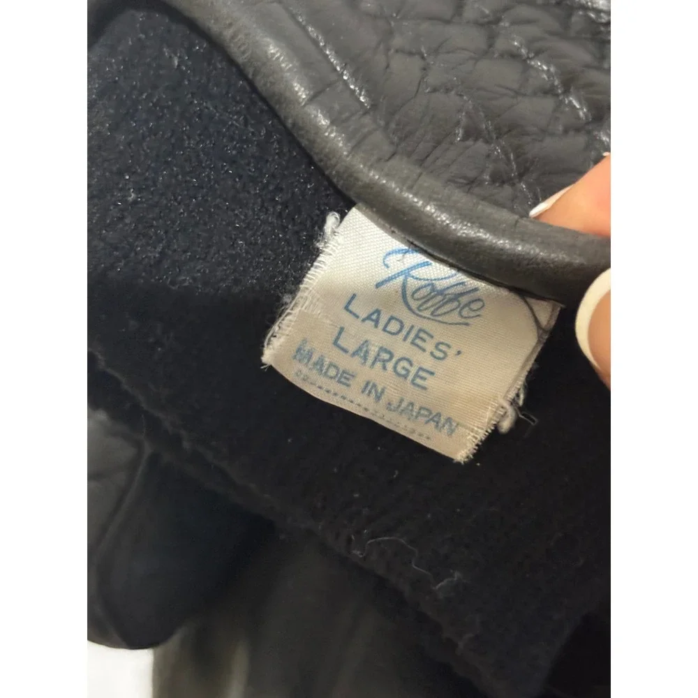 Roffe Vintage Black Leather Quilted Ski Mittens Ladies Sz L Japan retro warm 70s